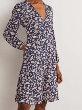 Boden Easy Fix Wrap Dress W Pocket Flower Garden Paisley Navy Comfy Casual Sz 12